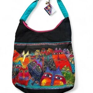 Vintage Laurel Burch Cats Faces Tote Shoulder Bag Vinyl Boho Art Colorful